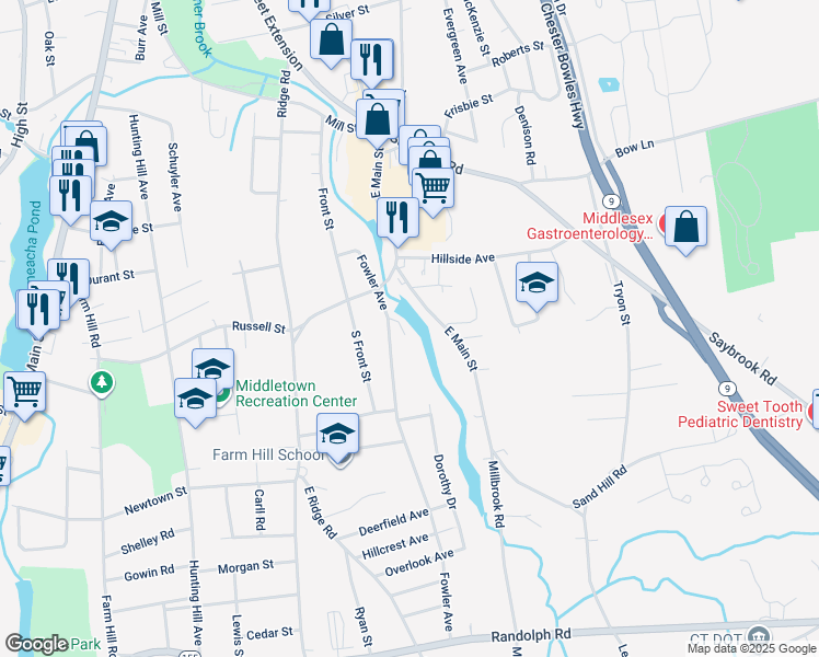 map of restaurants, bars, coffee shops, grocery stores, and more near 38 East Fowler Avenue in Middletown