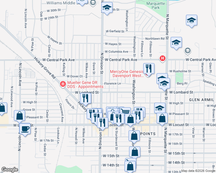 map of restaurants, bars, coffee shops, grocery stores, and more near 2222 Madison Street in Davenport