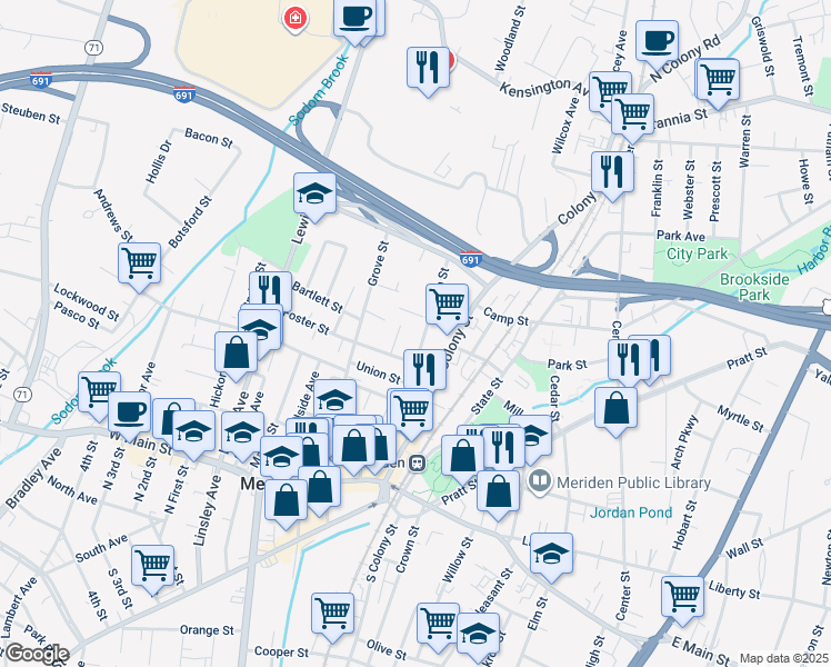 map of restaurants, bars, coffee shops, grocery stores, and more near 81 Lincoln Street in Meriden
