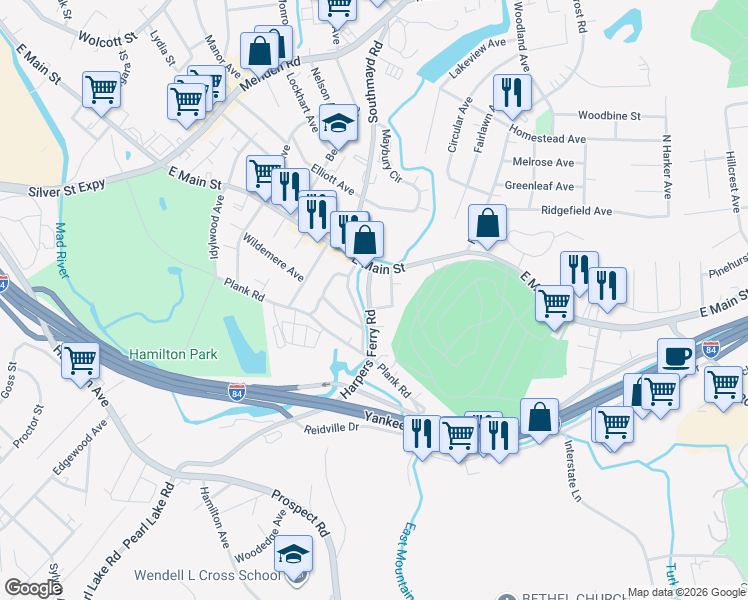map of restaurants, bars, coffee shops, grocery stores, and more near 44 Ashmun Street in Waterbury