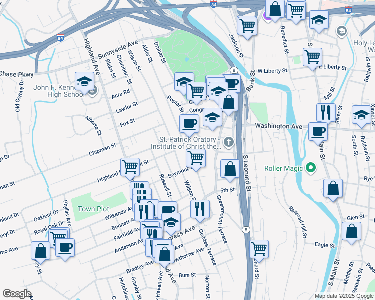map of restaurants, bars, coffee shops, grocery stores, and more near 265 Congress Avenue in Waterbury