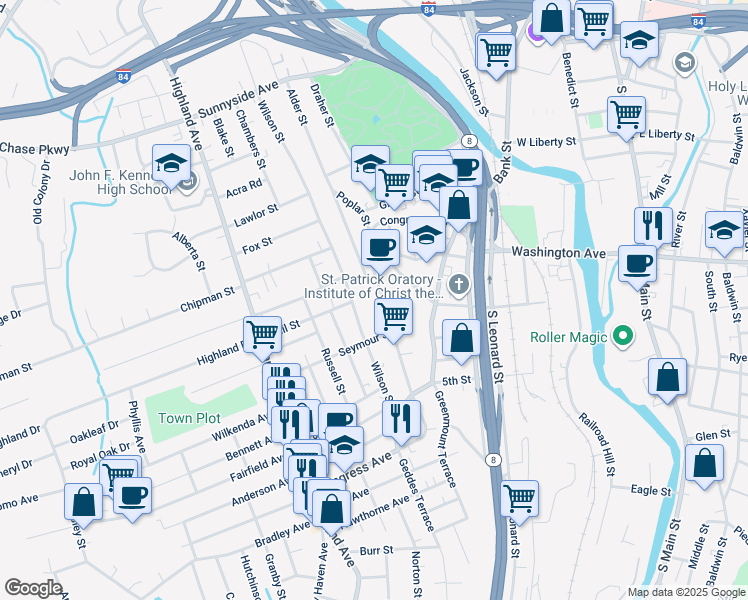map of restaurants, bars, coffee shops, grocery stores, and more near 265 Congress Avenue in Waterbury