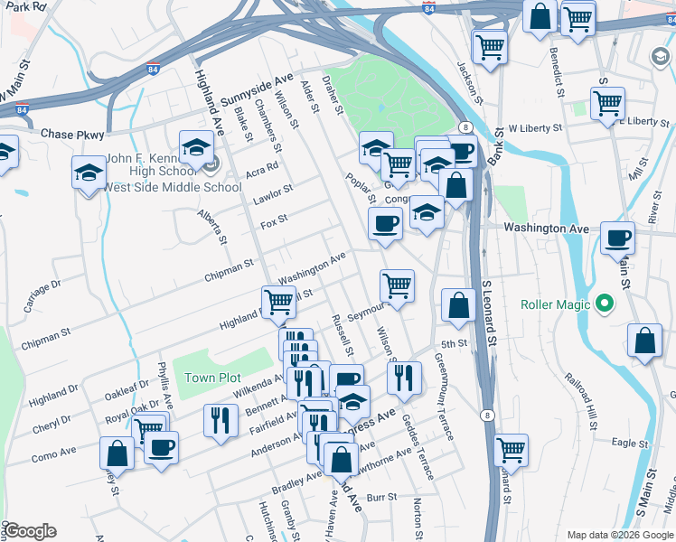 map of restaurants, bars, coffee shops, grocery stores, and more near 557 Washington Avenue in Waterbury