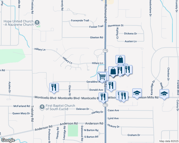 map of restaurants, bars, coffee shops, grocery stores, and more near 679 Stoney Ridge in Richmond Heights