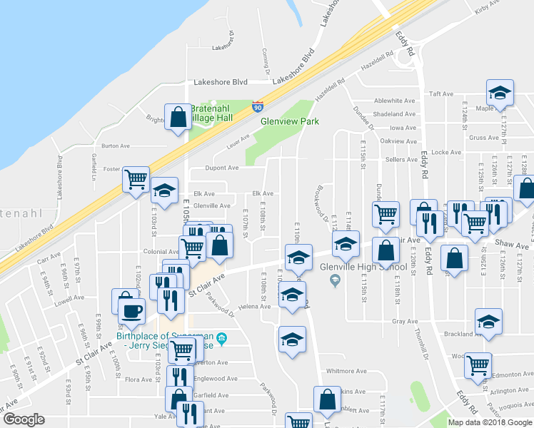 map of restaurants, bars, coffee shops, grocery stores, and more near 543 East 108th Street in Cleveland