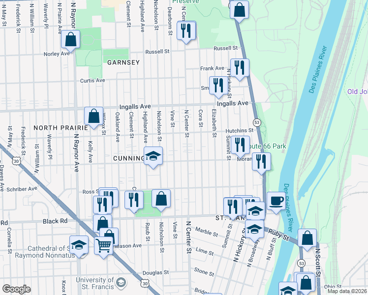 map of restaurants, bars, coffee shops, grocery stores, and more near 1011 North Center Street in Joliet