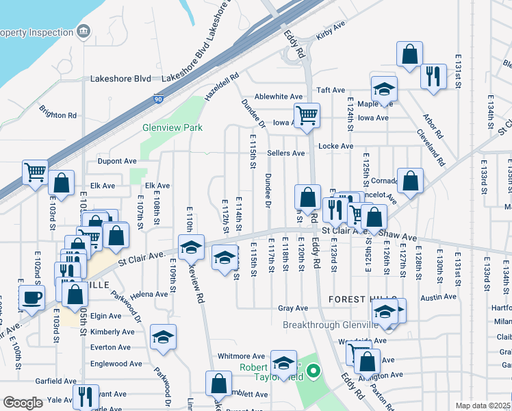 map of restaurants, bars, coffee shops, grocery stores, and more near 543 East 115th Street in Cleveland