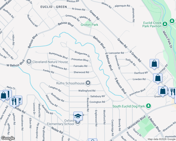 map of restaurants, bars, coffee shops, grocery stores, and more near 3823 Sherwood Road in South Euclid