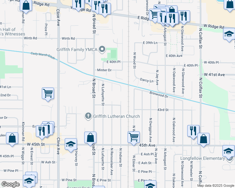 map of restaurants, bars, coffee shops, grocery stores, and more near 1143 North Broad Street in Griffith