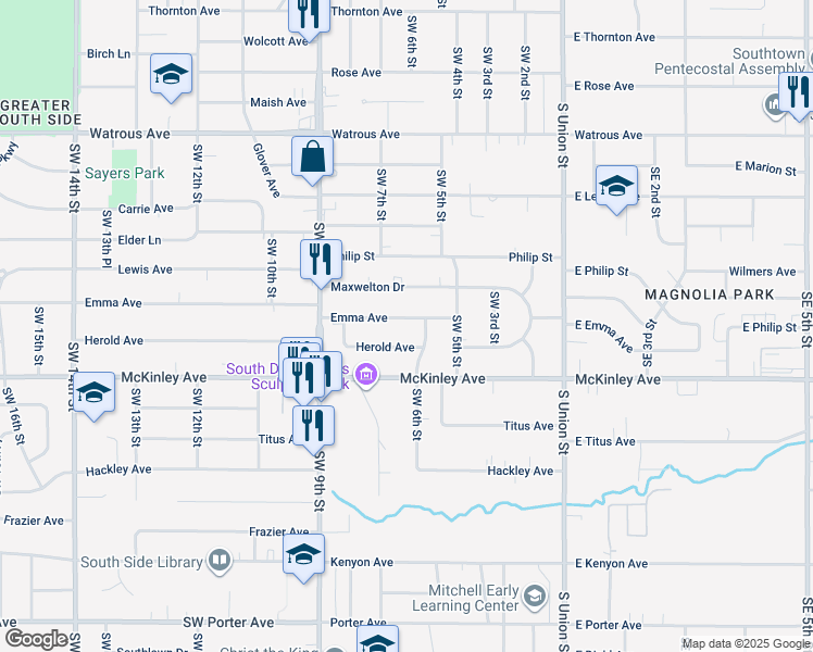 map of restaurants, bars, coffee shops, grocery stores, and more near 612 Emma Ave in Des Moines
