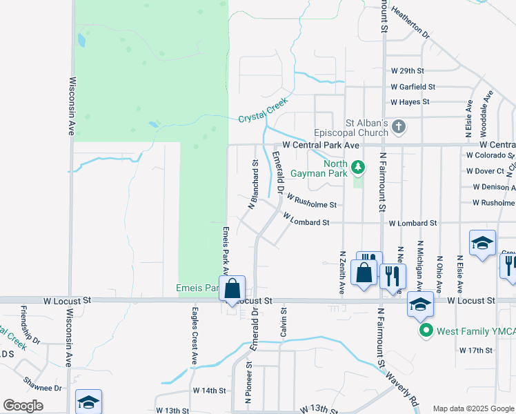map of restaurants, bars, coffee shops, grocery stores, and more near 2215 North Blanchard Street in Davenport