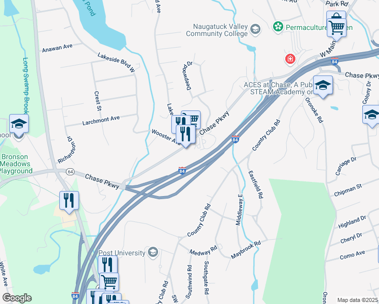 map of restaurants, bars, coffee shops, grocery stores, and more near 993 Chase Parkway in Waterbury