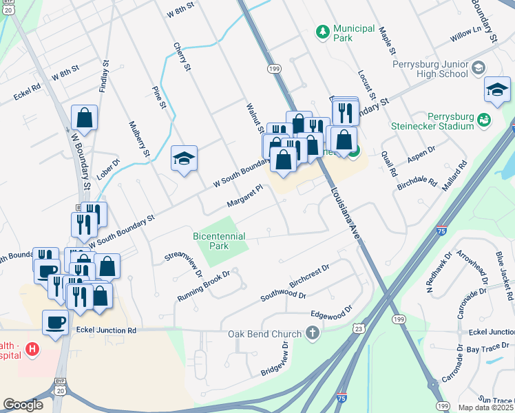 map of restaurants, bars, coffee shops, grocery stores, and more near 225 Marie Place in Perrysburg