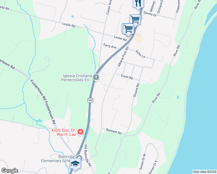 map of restaurants, bars, coffee shops, grocery stores, and more near Albany Post Road in Orange County