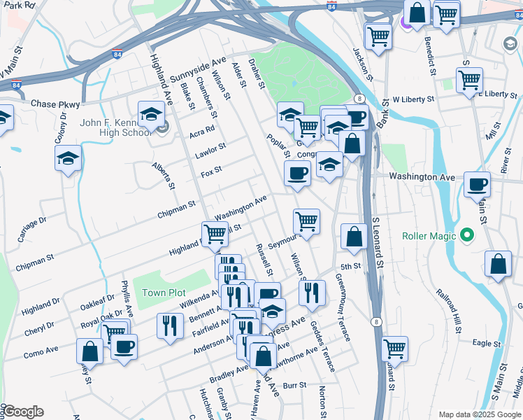 map of restaurants, bars, coffee shops, grocery stores, and more near 557 Washington Avenue in Waterbury