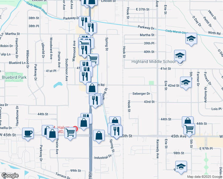 map of restaurants, bars, coffee shops, grocery stores, and more near 2512 Hart Road in Highland