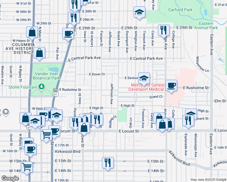 map of restaurants, bars, coffee shops, grocery stores, and more near 2217 Jefferson Avenue in Davenport