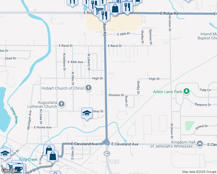 map of restaurants, bars, coffee shops, grocery stores, and more near 321 North Hobart Road in Hobart