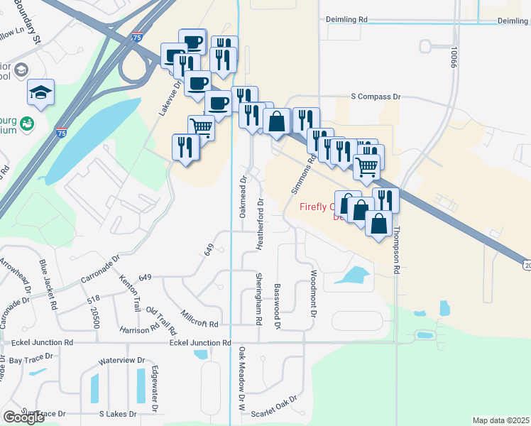 map of restaurants, bars, coffee shops, grocery stores, and more near 26904 Heatherford Dr in Perrysburg