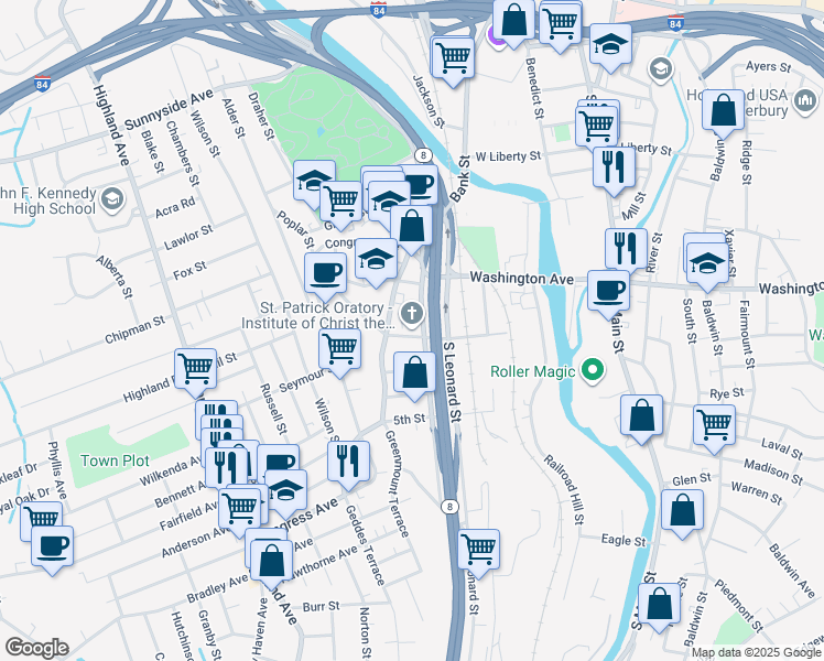 map of restaurants, bars, coffee shops, grocery stores, and more near 50 Charles Street in Waterbury