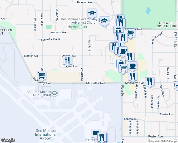 map of restaurants, bars, coffee shops, grocery stores, and more near 2501 Herold Avenue in Des Moines
