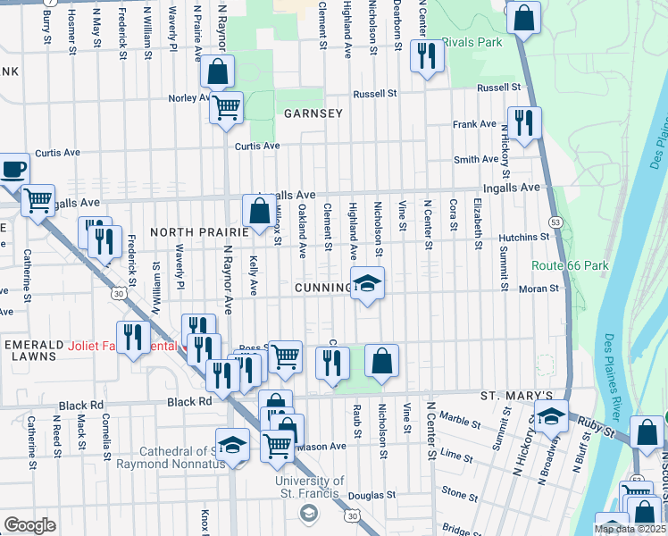 map of restaurants, bars, coffee shops, grocery stores, and more near 1012 Clement Street in Joliet