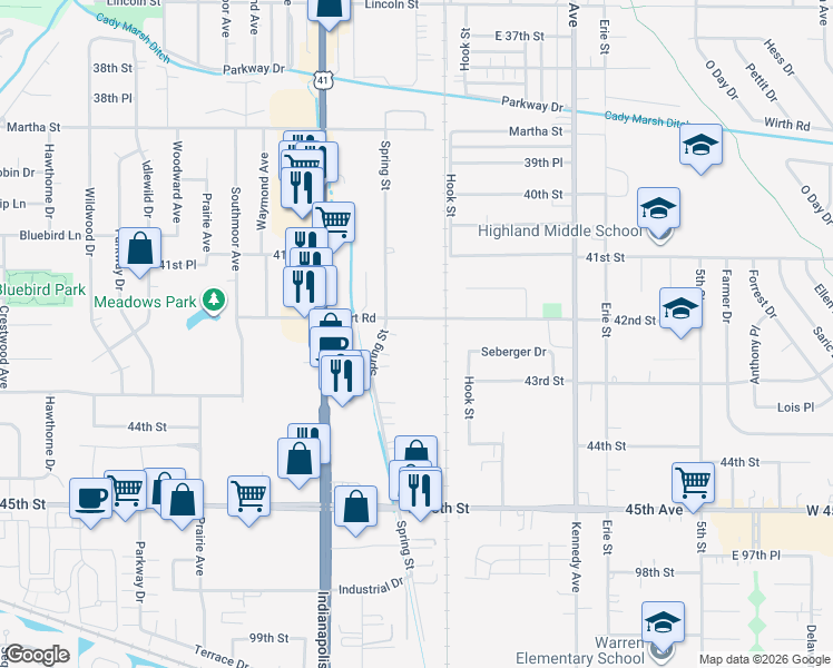 map of restaurants, bars, coffee shops, grocery stores, and more near 2512 Hart Road in Highland