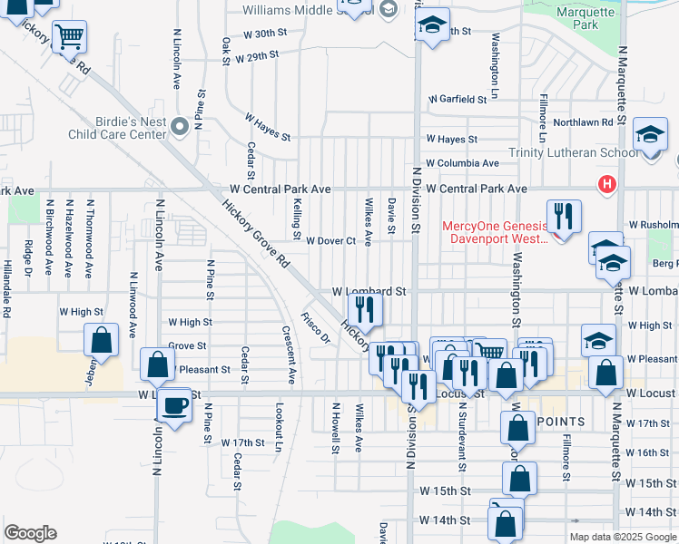 map of restaurants, bars, coffee shops, grocery stores, and more near 2222 North Howell Street in Davenport