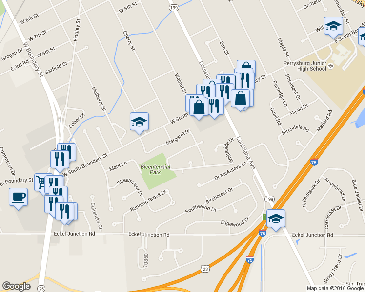 map of restaurants, bars, coffee shops, grocery stores, and more near 225 Marie Place in Perrysburg