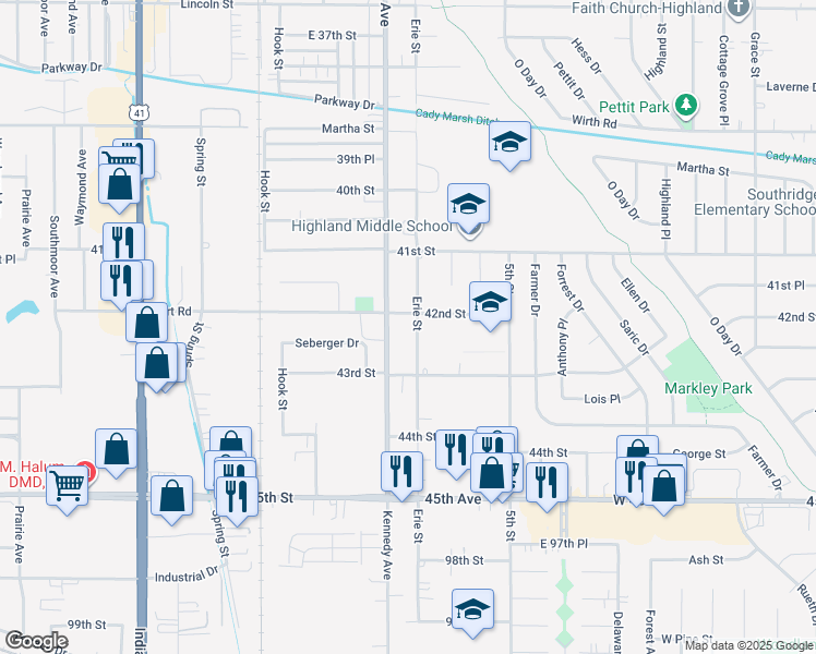 map of restaurants, bars, coffee shops, grocery stores, and more near 9412 Erie Street in Highland