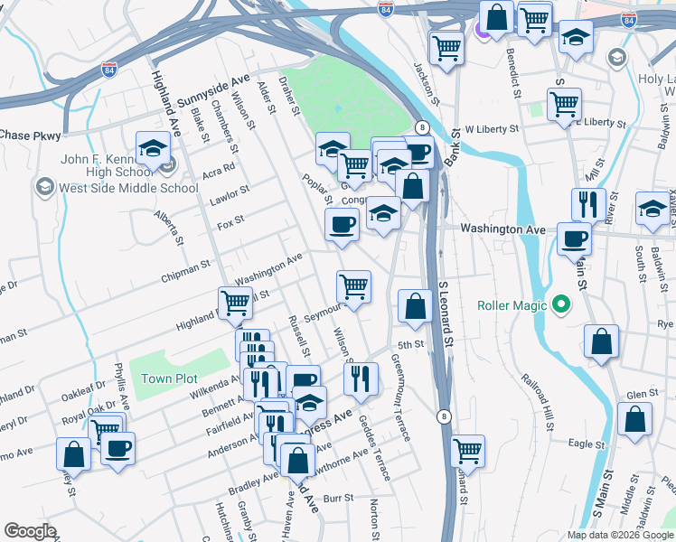 map of restaurants, bars, coffee shops, grocery stores, and more near 265 Congress Avenue in Waterbury