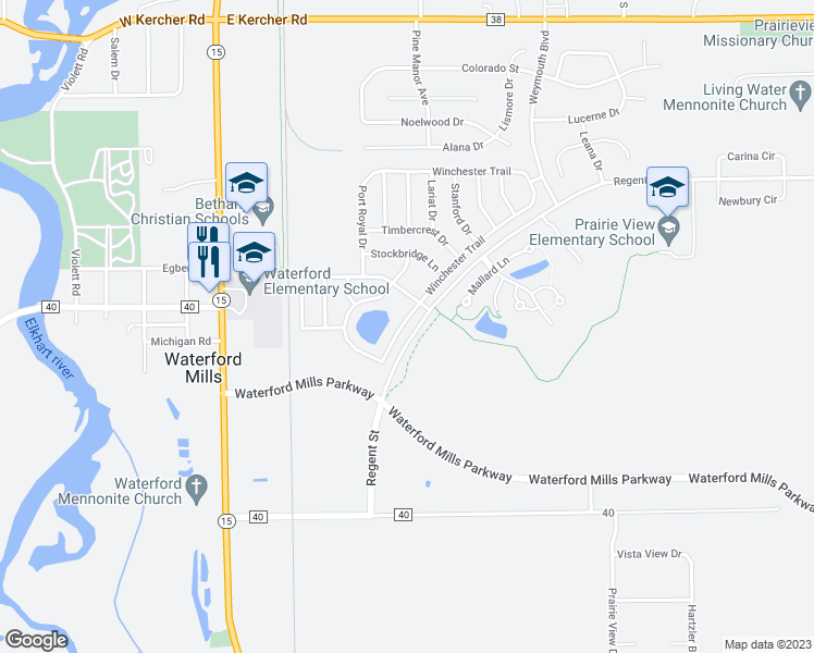 map of restaurants, bars, coffee shops, grocery stores, and more near 46 Winchester Trail in Goshen