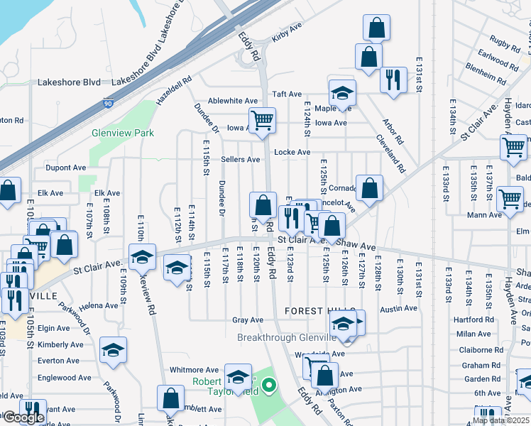 map of restaurants, bars, coffee shops, grocery stores, and more near 536 Eddy Road in Cleveland