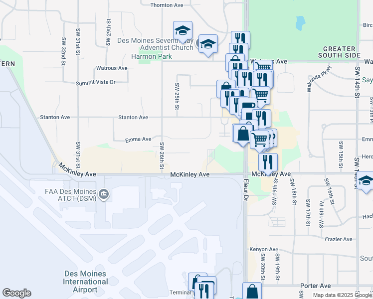 map of restaurants, bars, coffee shops, grocery stores, and more near 2401 Herold Avenue in Des Moines