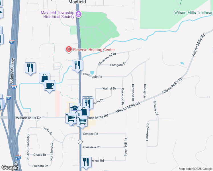 map of restaurants, bars, coffee shops, grocery stores, and more near 6743 Walnut Drive in Gates Mills