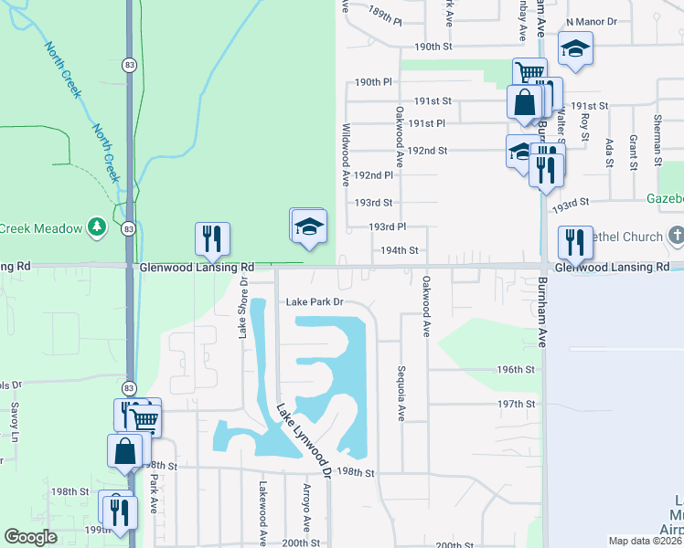 map of restaurants, bars, coffee shops, grocery stores, and more near 2807 Glenwood Lansing Road in Lynwood