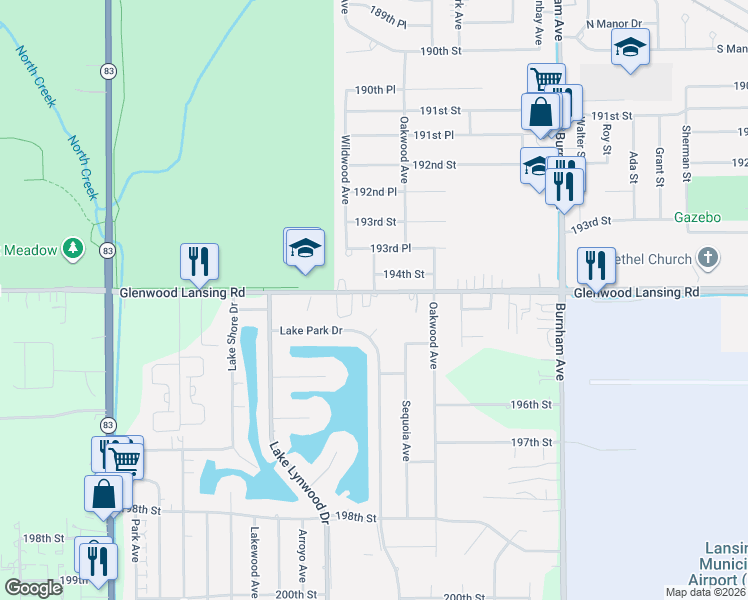 map of restaurants, bars, coffee shops, grocery stores, and more near 2855 Glenwood Lansing Road in Lynwood
