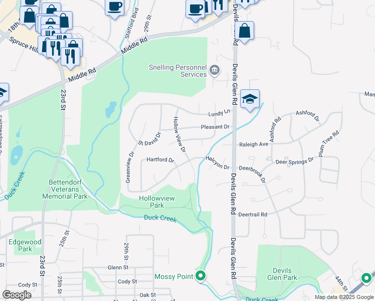 map of restaurants, bars, coffee shops, grocery stores, and more near 1965 Hollow View Drive in Bettendorf