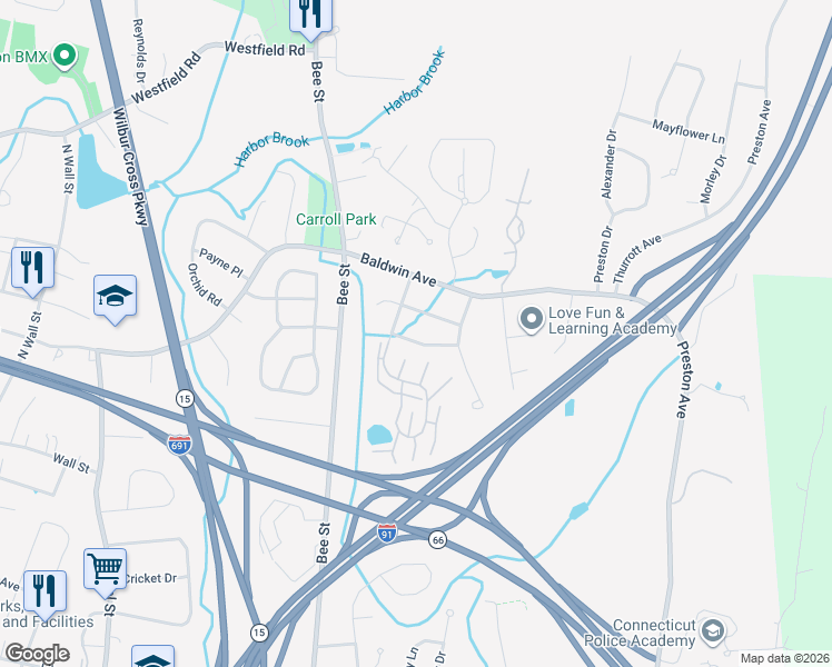 map of restaurants, bars, coffee shops, grocery stores, and more near 43 South Meadow Lane in Meriden