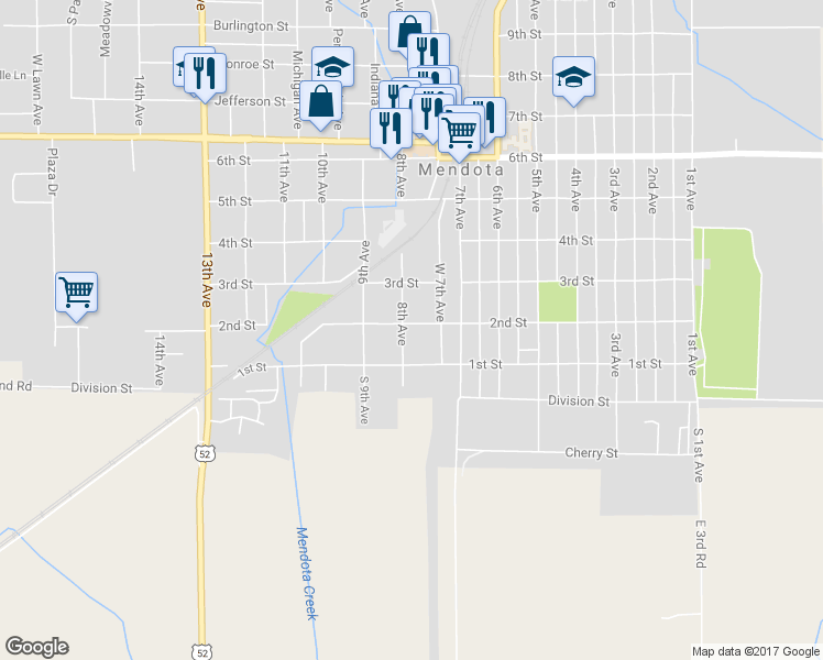 map of restaurants, bars, coffee shops, grocery stores, and more near 211 8th Avenue in Mendota