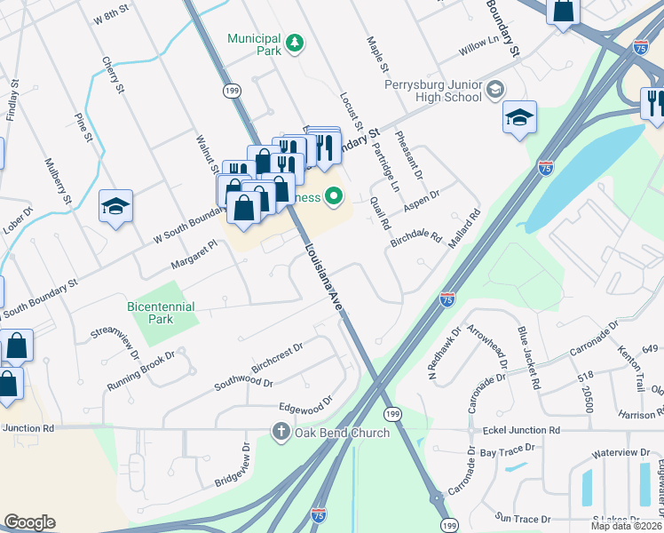 map of restaurants, bars, coffee shops, grocery stores, and more near 106 Foxhill Lane in Perrysburg