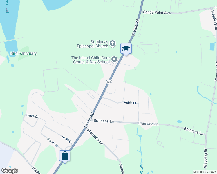map of restaurants, bars, coffee shops, grocery stores, and more near 181 E Main Rd in Portsmouth
