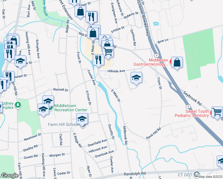 map of restaurants, bars, coffee shops, grocery stores, and more near 548 East Main Street in Middletown