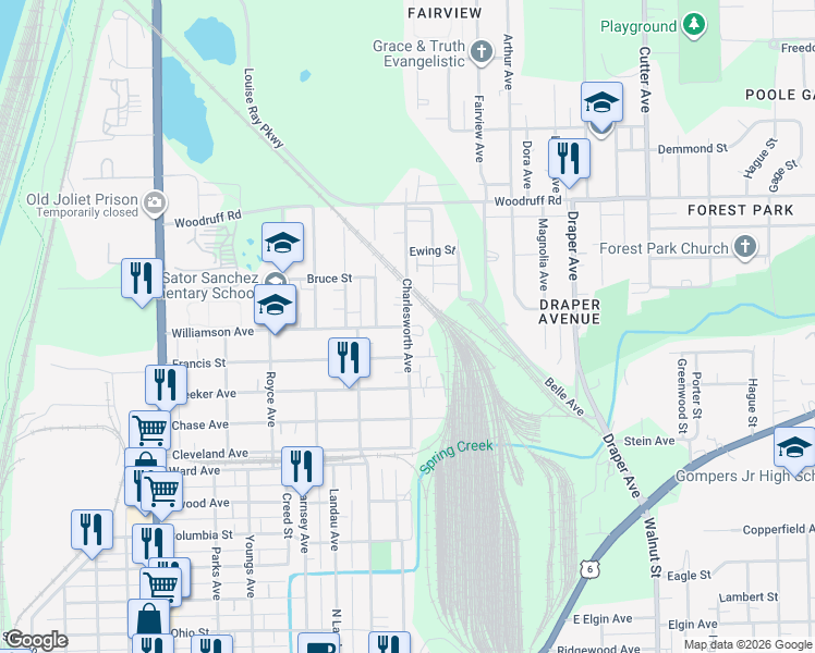 map of restaurants, bars, coffee shops, grocery stores, and more near Charlesworth Avenue in Joliet