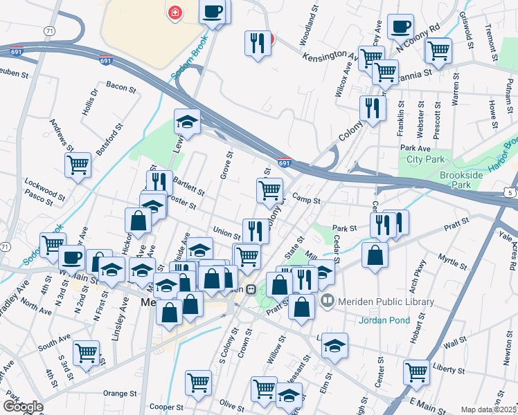 map of restaurants, bars, coffee shops, grocery stores, and more near 81 Lincoln Street in Meriden