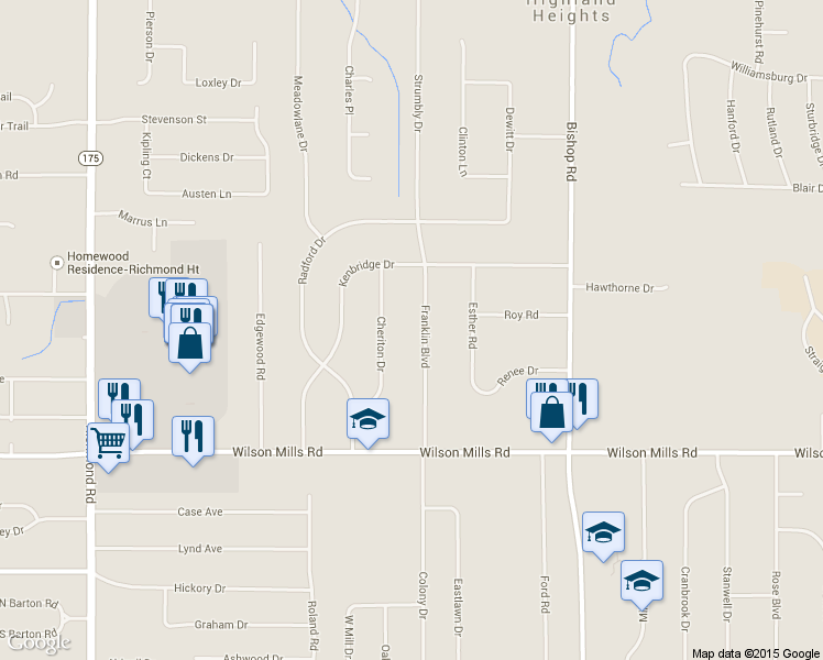 map of restaurants, bars, coffee shops, grocery stores, and more near 738 Franklin Boulevard in Highland Heights