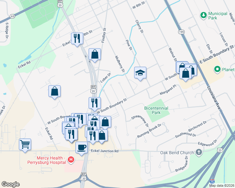 map of restaurants, bars, coffee shops, grocery stores, and more near 107 Twinbrook Drive in Perrysburg