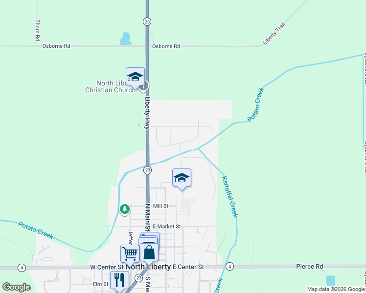 map of restaurants, bars, coffee shops, grocery stores, and more near 211 Wrenwood Lane in North Liberty