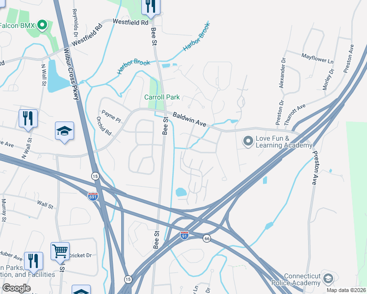 map of restaurants, bars, coffee shops, grocery stores, and more near 59 Winding Brook Lane in Meriden