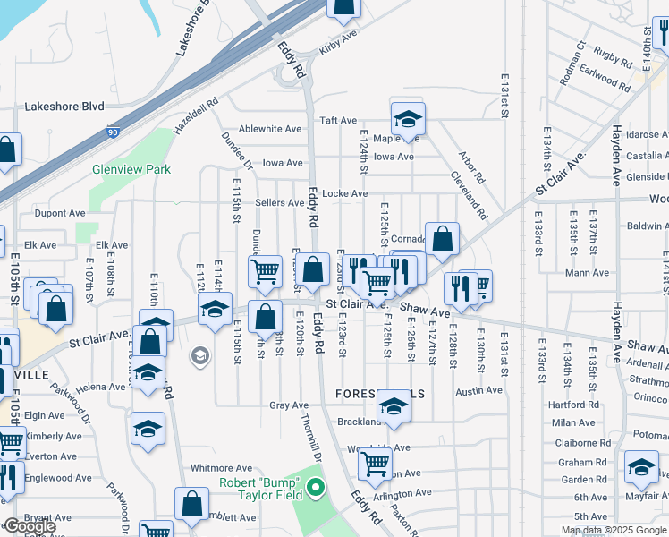 map of restaurants, bars, coffee shops, grocery stores, and more near 540 East 123rd Street in Cleveland